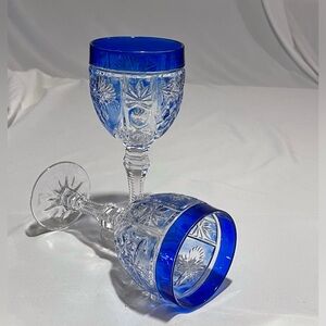 PAIR OF BOHEMIAN CZECH CRYSTAL COBALT BLUE CUT - CLEAR STAR CUT & GRAPES GOBLET